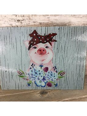 Pig Glass Cutting Board With Floral Design & Polka Dot Bow 11.25" X 15.25"